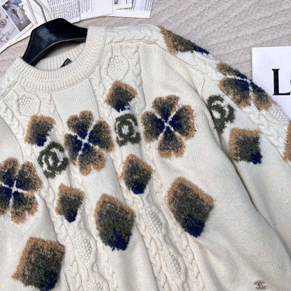 Chanel Four Leaf Clover Heart Twisted Wool Sweater