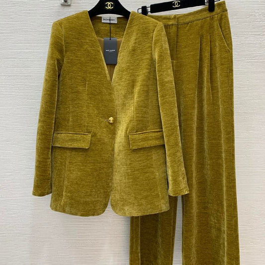 YSL High-End Velvet V-Neck Suit Set