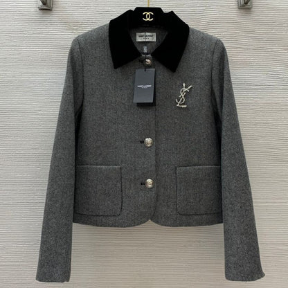 YSL Velvet Patch Herringbone Coat