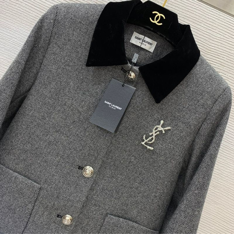 YSL Velvet Patch Herringbone Coat