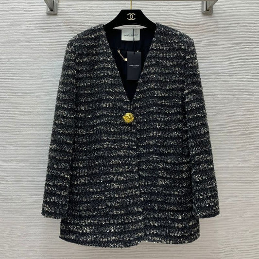 YSL Gold Thread Blended Tweed V-Neck Jacket