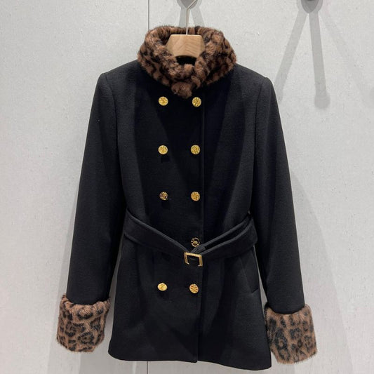 Saint Laurent Leopard Print Patchwork Wool Coat