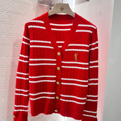 Saint Laurent Red Stripes Letter-Embroidered Knit Cardigan