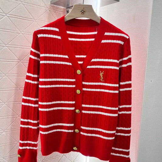 Saint Laurent Red Stripes Letter-Embroidered Knit Cardigan