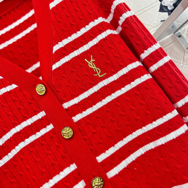 Saint Laurent Red Stripes Letter-Embroidered Knit Cardigan