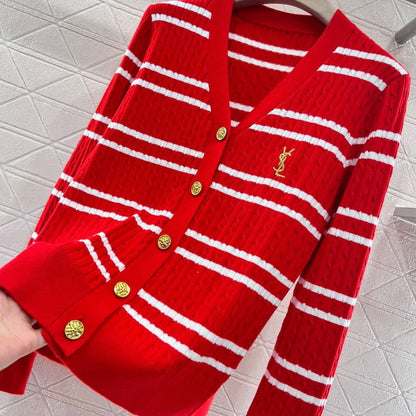 Saint Laurent Red Stripes Letter-Embroidered Knit Cardigan