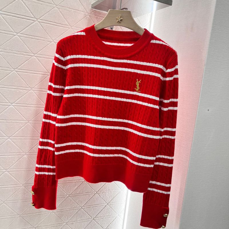 Saint Laurent Letter Embroidered Striped Pullover Sweater