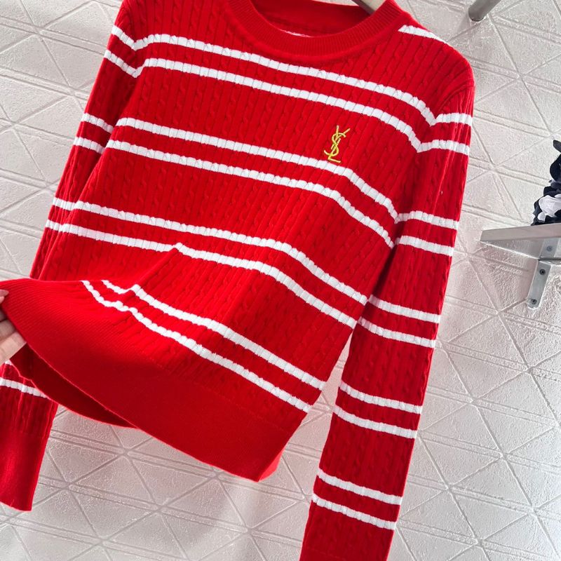 Saint Laurent Letter Embroidered Striped Pullover Sweater