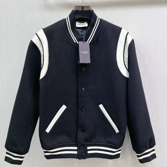 YSL Classic Wool Leather Patchwork Baseball Jacket