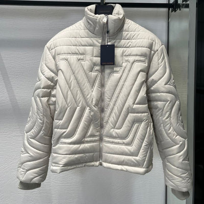 Louis Vuitton Gray White Zipper Stand Collar Quilted Jacket