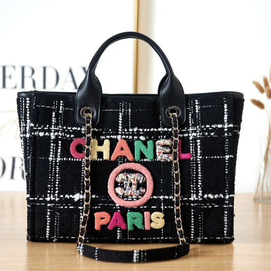 Chanel Colorful Letter Woolen Plaid Beach Bag
