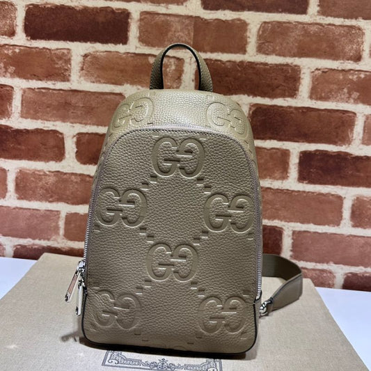 Gucci Embossed Leather Khaki GG Cross Body Bag