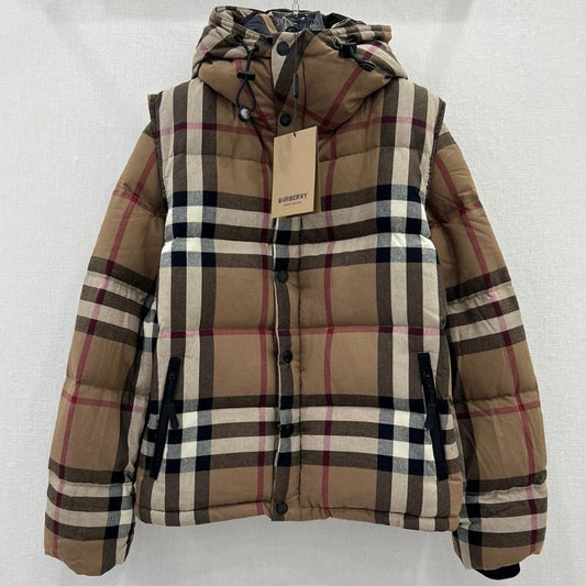 Burberry Plaid Hooded Down Jacket with Detachable Sleeves