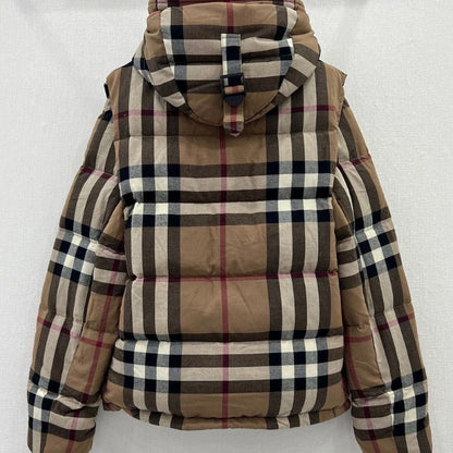 Burberry Plaid Hooded Down Jacket with Detachable Sleeves