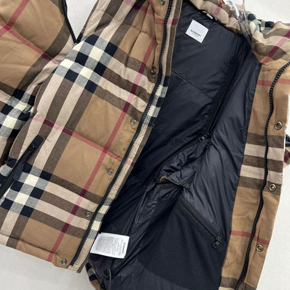 Burberry Plaid Hooded Down Jacket with Detachable Sleeves