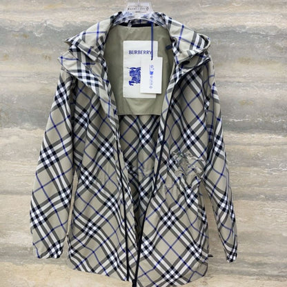 Burberry Mid-Length Waisted Plaid Hooded Jacket