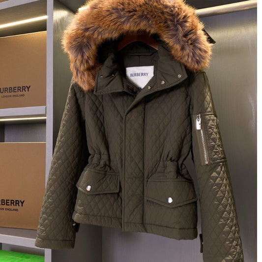 Burberry Quilted Cotton Jacket with Detachable Fur Hood