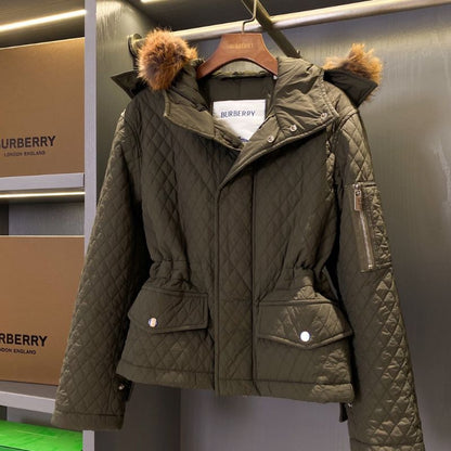 Burberry Quilted Cotton Jacket with Detachable Fur Hood