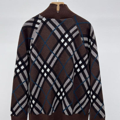 Burberry Plaid Wool Blend Stand Collar Knitted Jacket