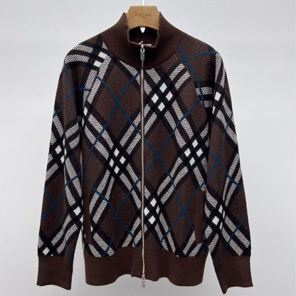 Burberry Plaid Wool Blend Stand Collar Knitted Jacket