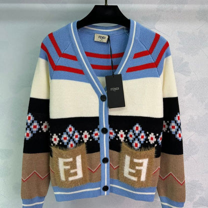 Fendi Retro V-Neck Letter Jacquard Cardigan