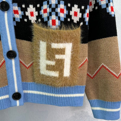 Fendi Retro V-Neck Letter Jacquard Cardigan