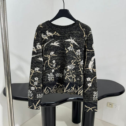 Chanel Black Sweater With White and Gold Floral Design