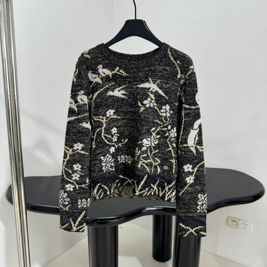 Chanel Black Sweater With White and Gold Floral Design