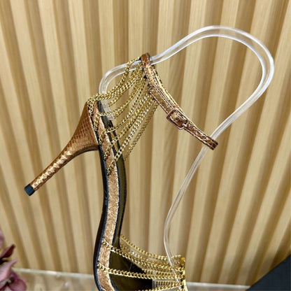 YSL Luxury Gold Snake Print Heels featuring Gold Chains