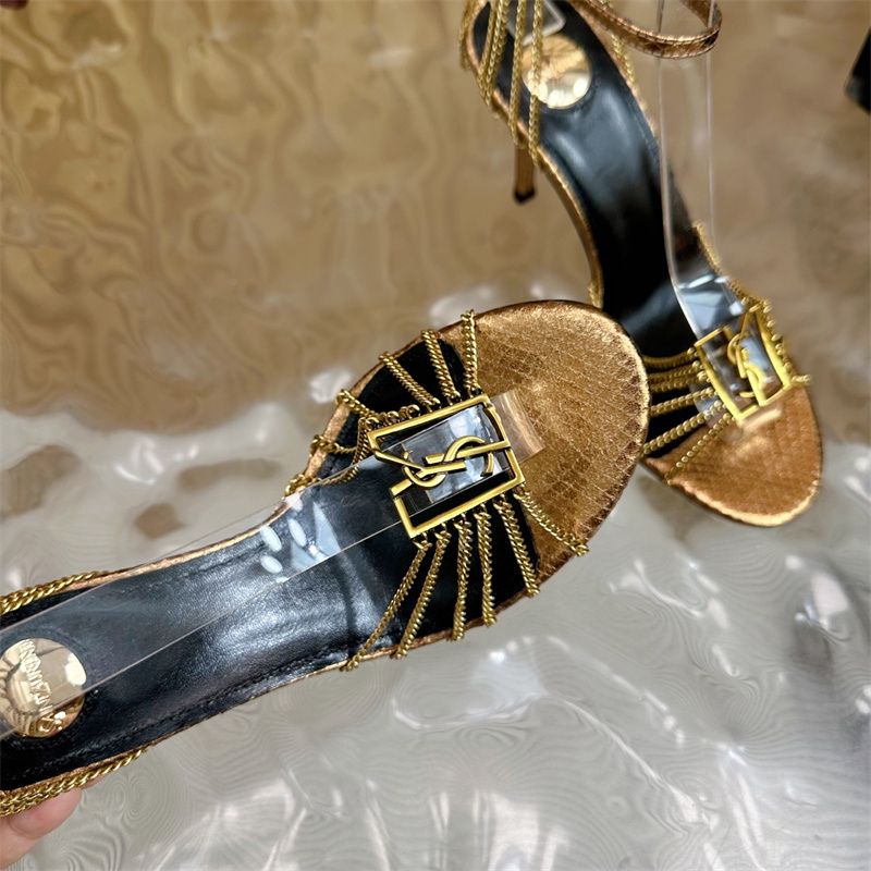 YSL Luxury Gold Snake Print Heels featuring Gold Chains