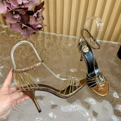 YSL Luxury Gold Snake Print Heels featuring Gold Chains