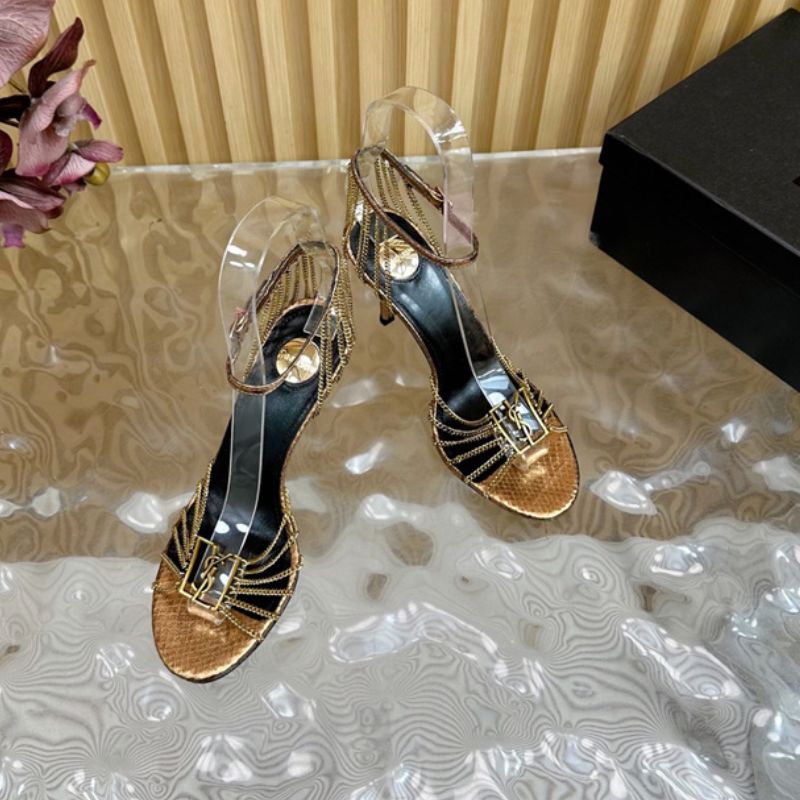YSL Luxury Gold Snake Print Heels featuring Gold Chains