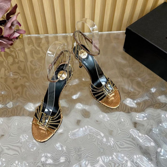 YSL Luxury Gold Snake Print Heels featuring Gold Chains