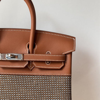 Hermes Birkin 25 In Toile and Gold Swift Leather