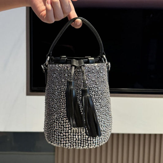 Miu Miu Crystal Embellished Satin Bucket Bag
