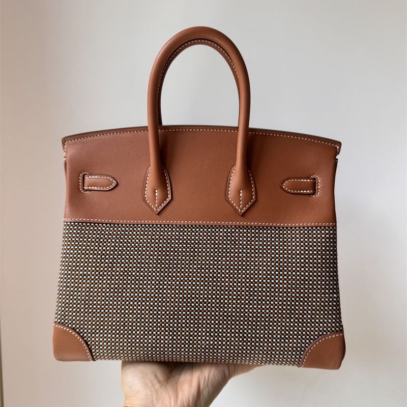 Hermes Birkin 25 In Toile and Gold Swift Leather