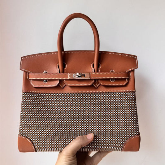Hermes Birkin 25 In Toile and Gold Swift Leather